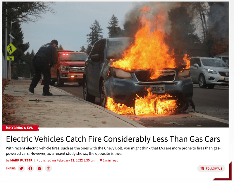 EVs catch fire less than gas cars